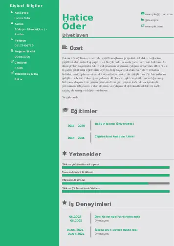 Beslenme Uzmanı Diyetisyen CV Örnekleri cv indir